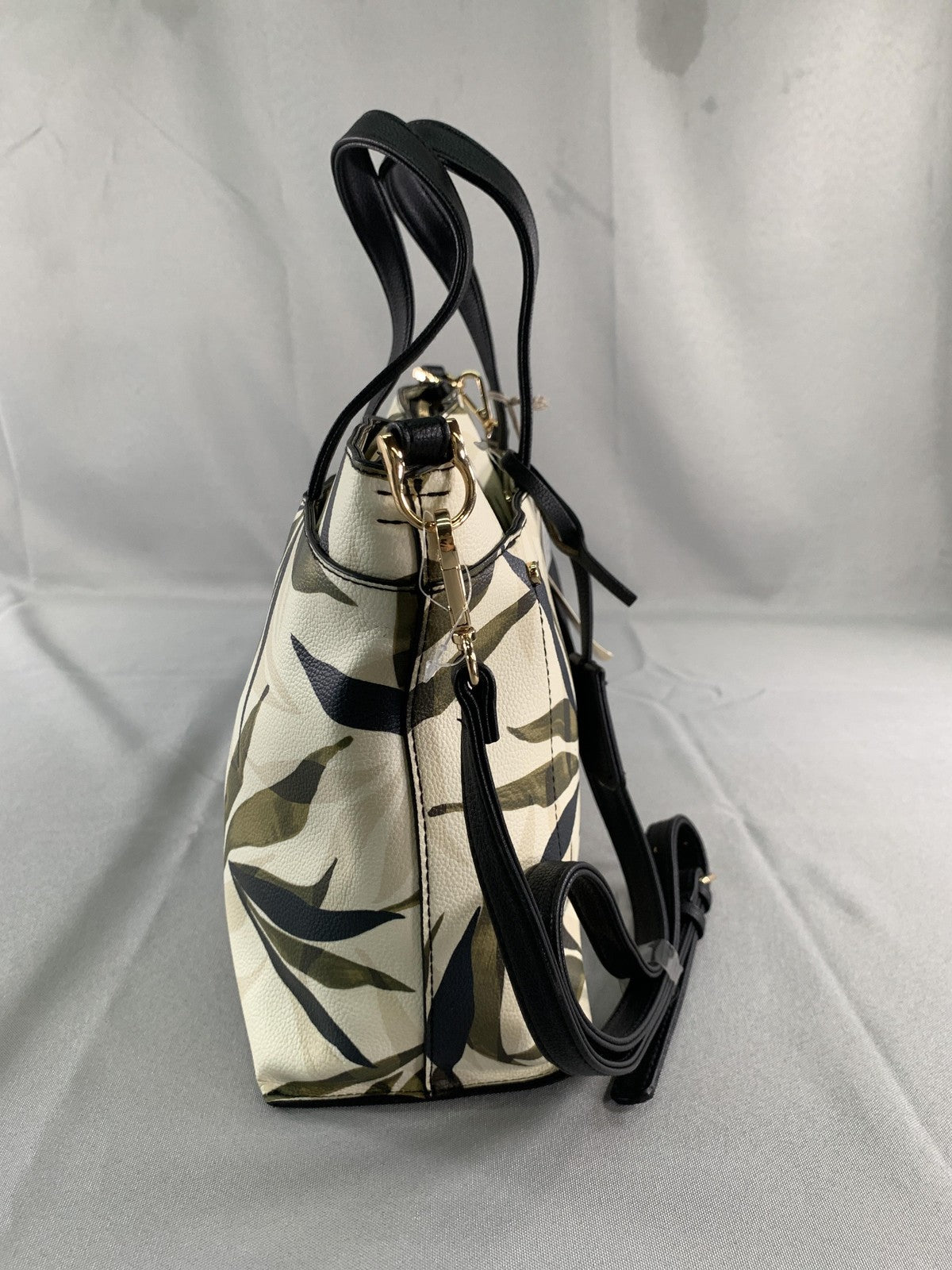 A New Day Satchel Tote Bag Womens Olive Leaf Print Black Crossbody Purse Handbag