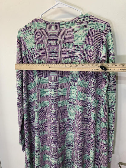 LuLaRoe Sweater Cardigan Womens Large Purple Green Sarah Geometric Pockets Knit