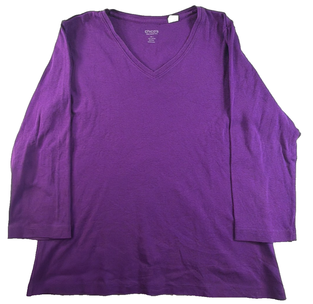 Chicos Purple V Neck Tee Womens Size 1 Medium 3/4 Sleeve Cotton Knit Top