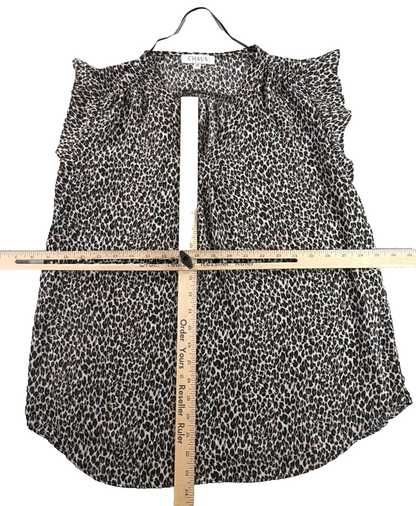 Chaus New York Leopard Print Ruffle Sleeve Blouse Women Medium V Neck Sleeveless