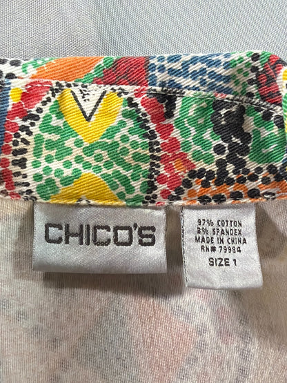 Chicos Abstract Boho Print Cotton Jacket Size 1 Medium Multicolor Button Front