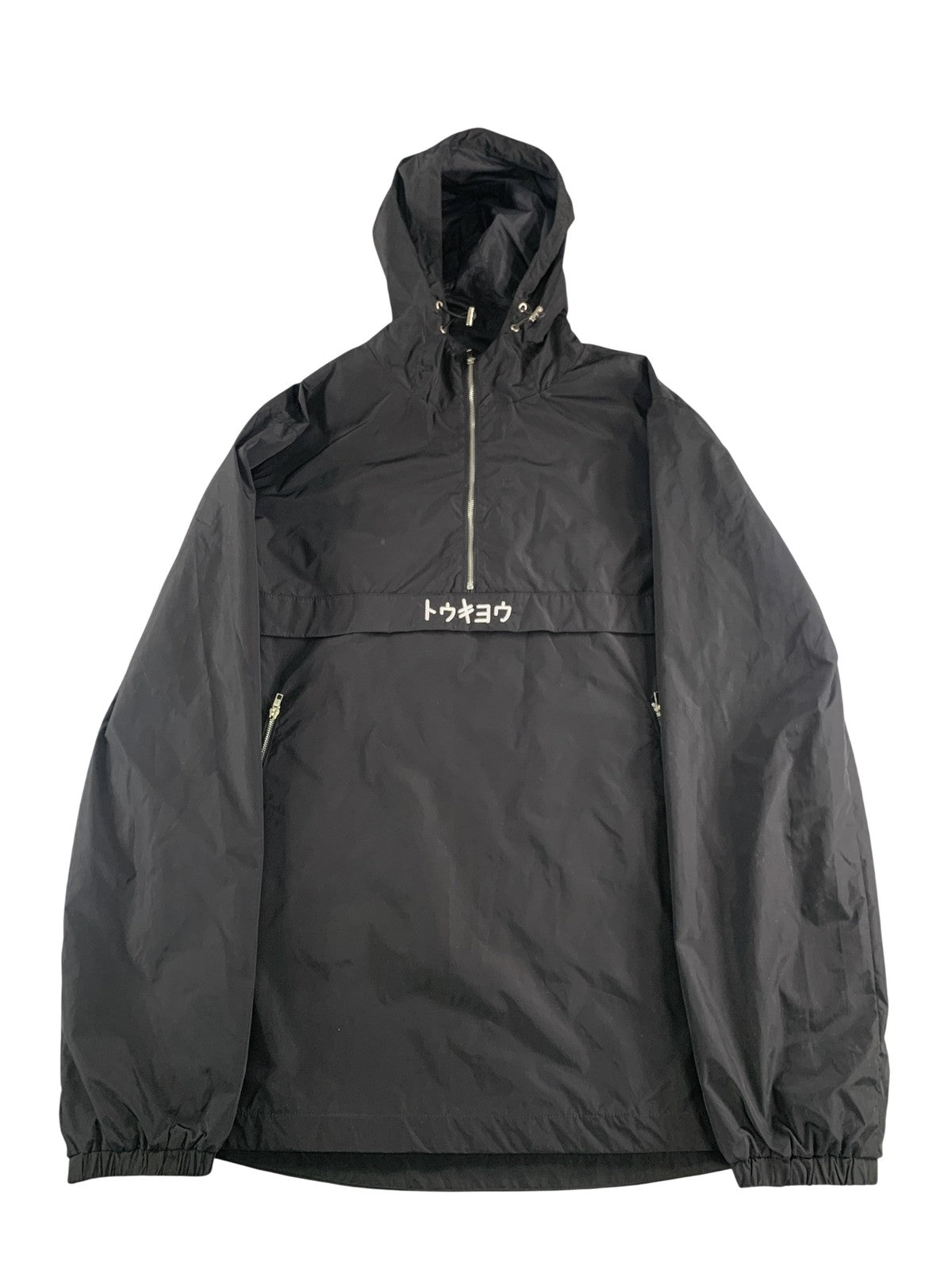 Global Jacket Mens Medium Black Tokyo Hooded Anorak Nylon Zip Pockets Graphic