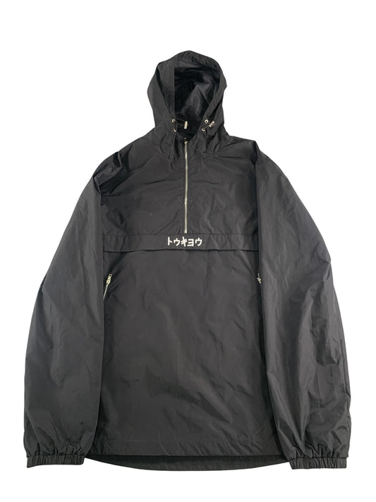 Global Jacket Mens Medium Black Tokyo Hooded Anorak Nylon Zip Pockets Graphic
