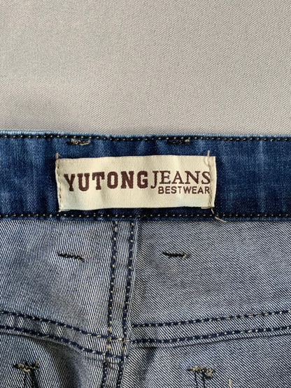 Yutong Jeans Mens 29x32 Slim Straight Fit Blue Moto Style Denim Distressed Wash