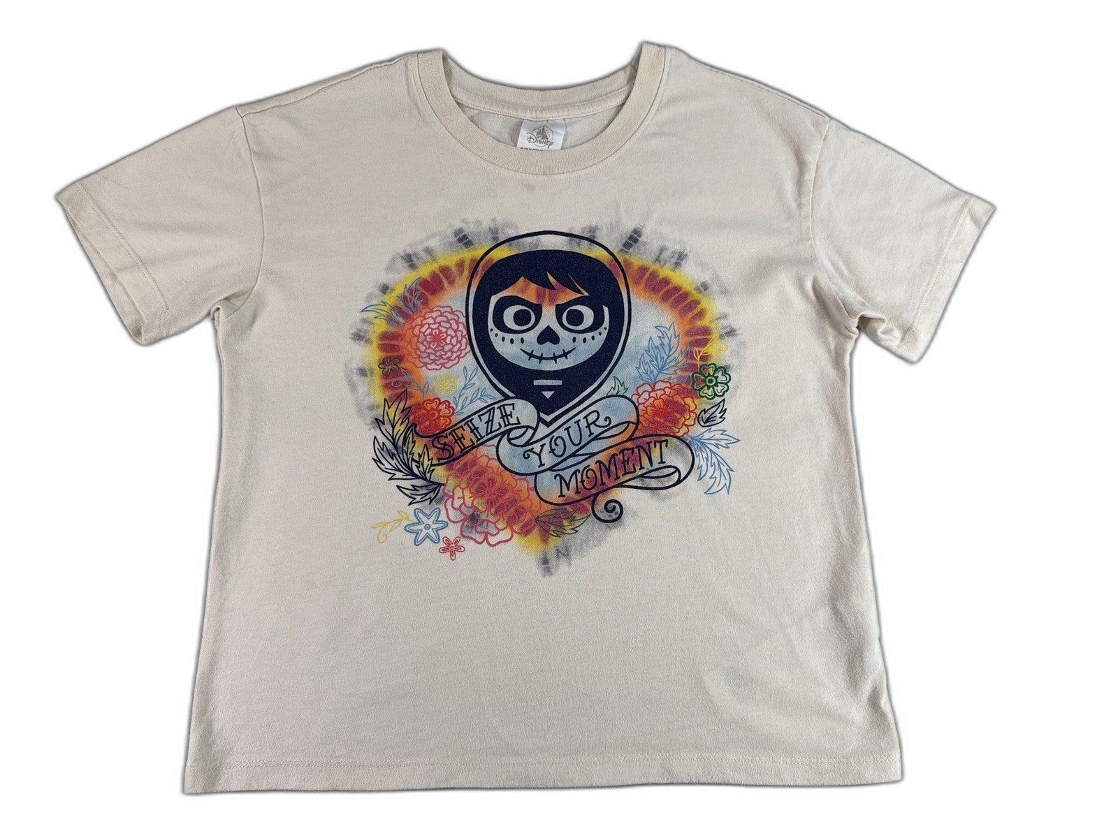Disney Skull Dia de los Muertos Graphic Print Tee XS Beige Cotton Short Sleeve