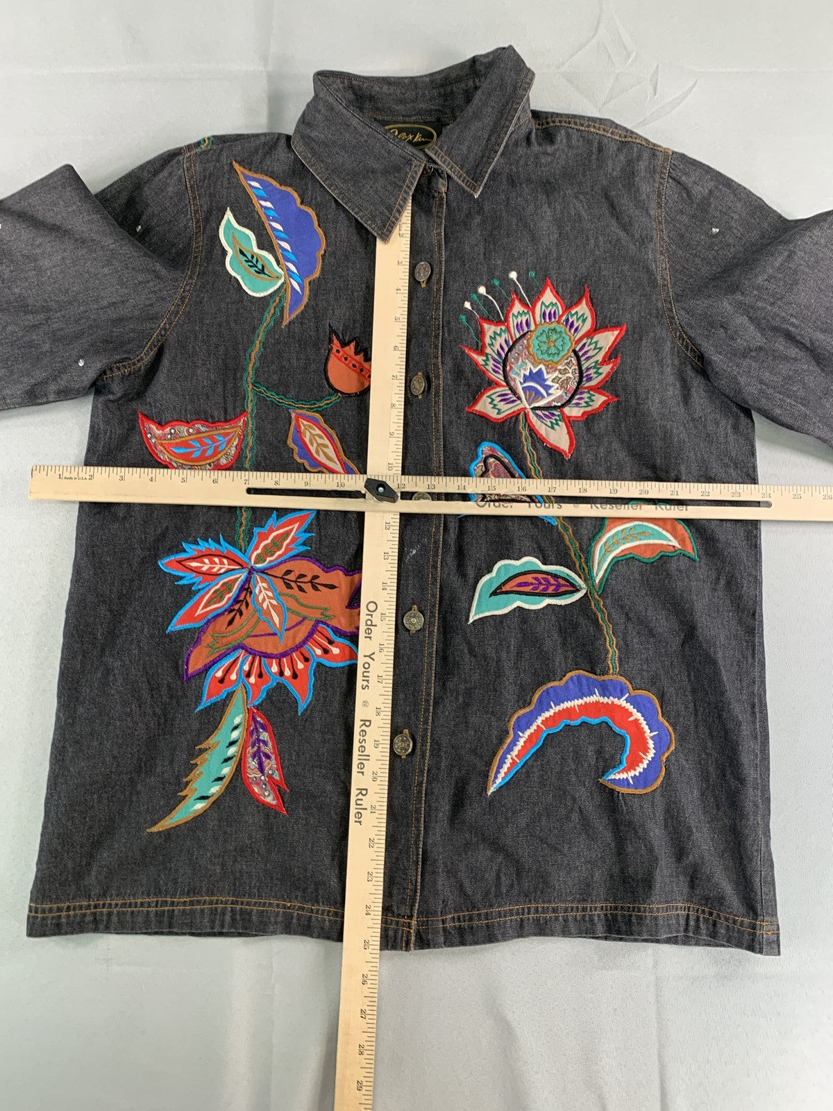 Alex Evenings Jacket Womens Large Black Floral Embroidered Button Up Boho India