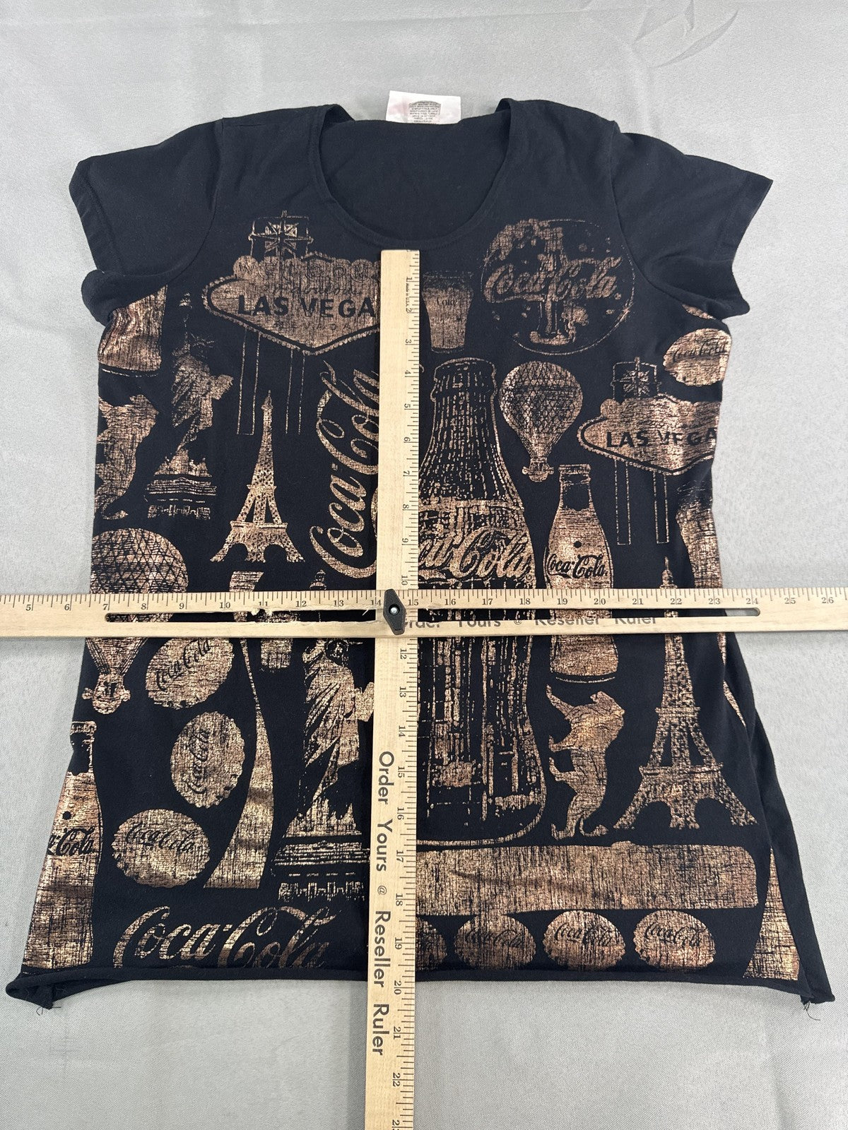 Coca-Cola Shirt Womens XL Black Gold USA Landmark Print Hot Air Balloon Tee Top