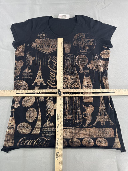 Coca-Cola Shirt Womens XL Black Gold USA Landmark Print Hot Air Balloon Tee Top