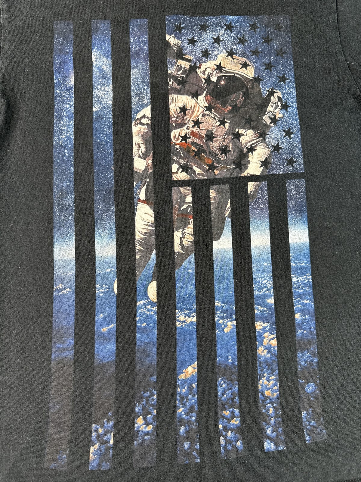 Creative Astronaut Flag Graphic Tee SMALL Black Cotton Crewneck Short Sleeve Men