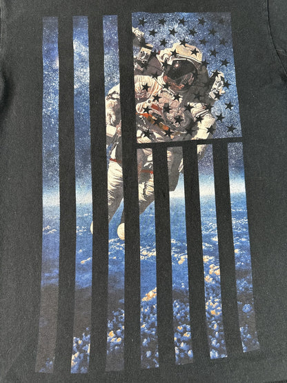 Creative Astronaut Flag Graphic Tee SMALL Black Cotton Crewneck Short Sleeve Men