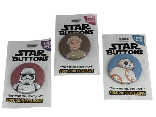 Star Wars Ninjabot Star Buttons SDCC 2015 Exclusive Pin Set Rey BB-8 Trooper Red