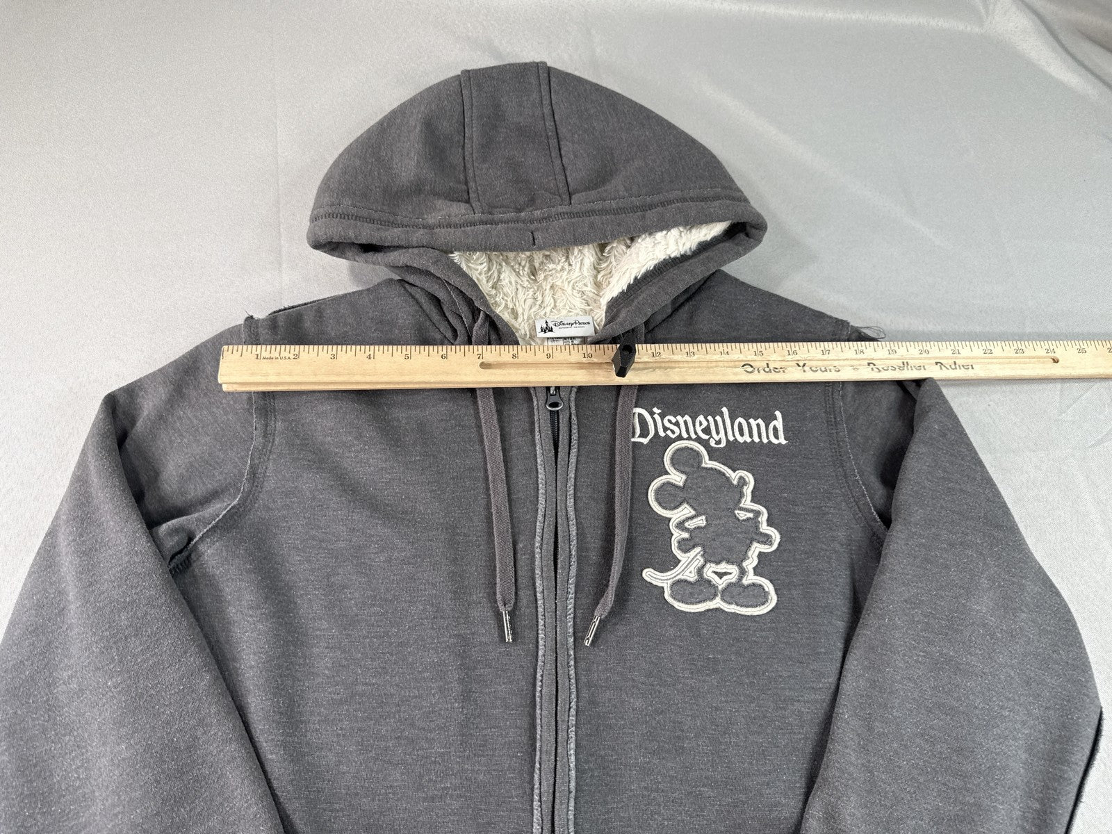 Disney Parks Mickey Mouse Hoodie L Gray Cotton Polyester Fleece Lined Zip Up Red