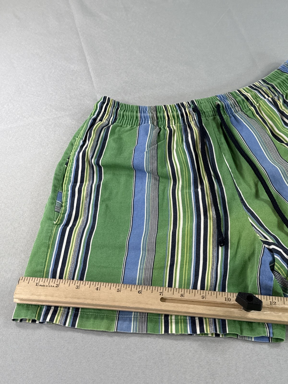 Barneys York Striped Shorts M Green Blue 100% Cotton Relaxed Fit Elastic Waist