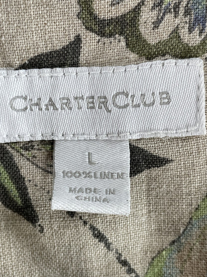 Charter Club Jacket Womens Large Beige Green Floral Linen Button Up Lightweight