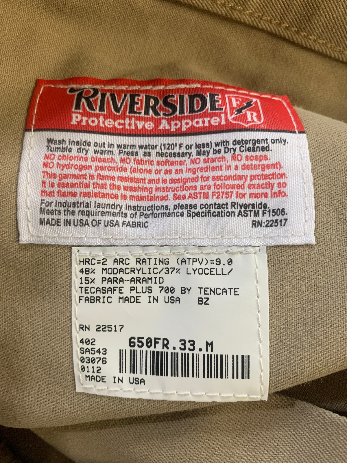Riverside Tecasafe FR Work Pants 33x33 Beige Flame Resistant Arc Rated HRC2 USA