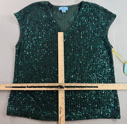 CeCe Sequin V-Neck Cap Sleeve Top Emerald Green Lined Stretch Blouse NWT M New