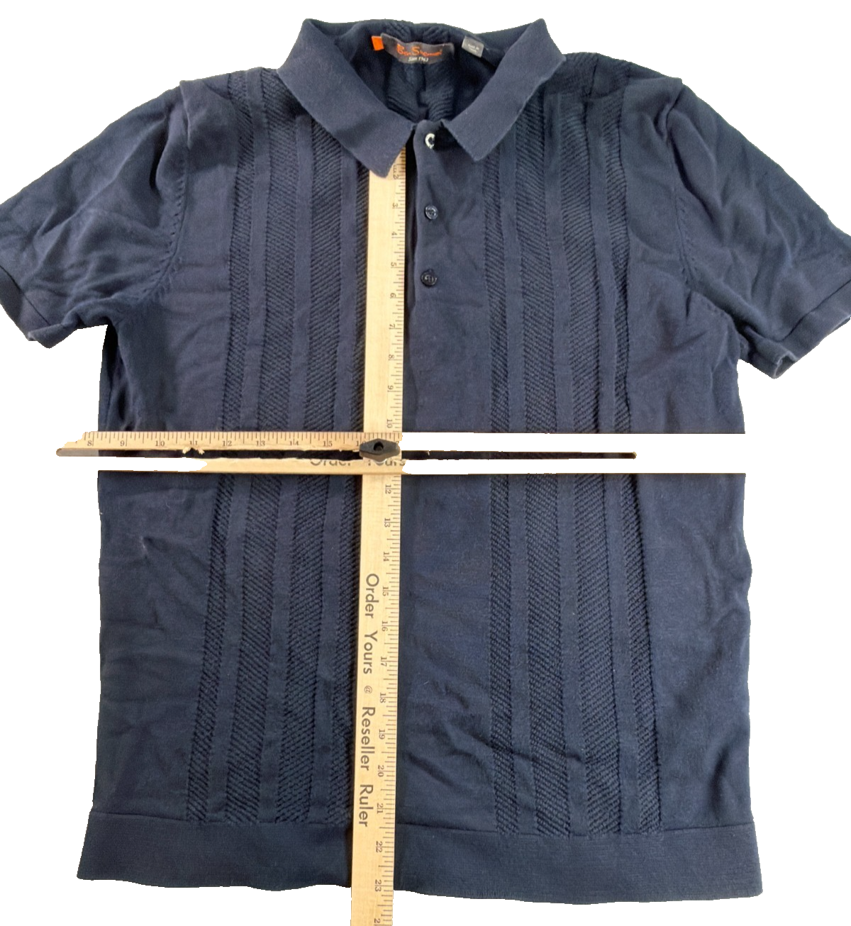 Ben Sherman Mens Large Navy Knit Vertical Stripe Polo Shirt Mod Retro Cotton