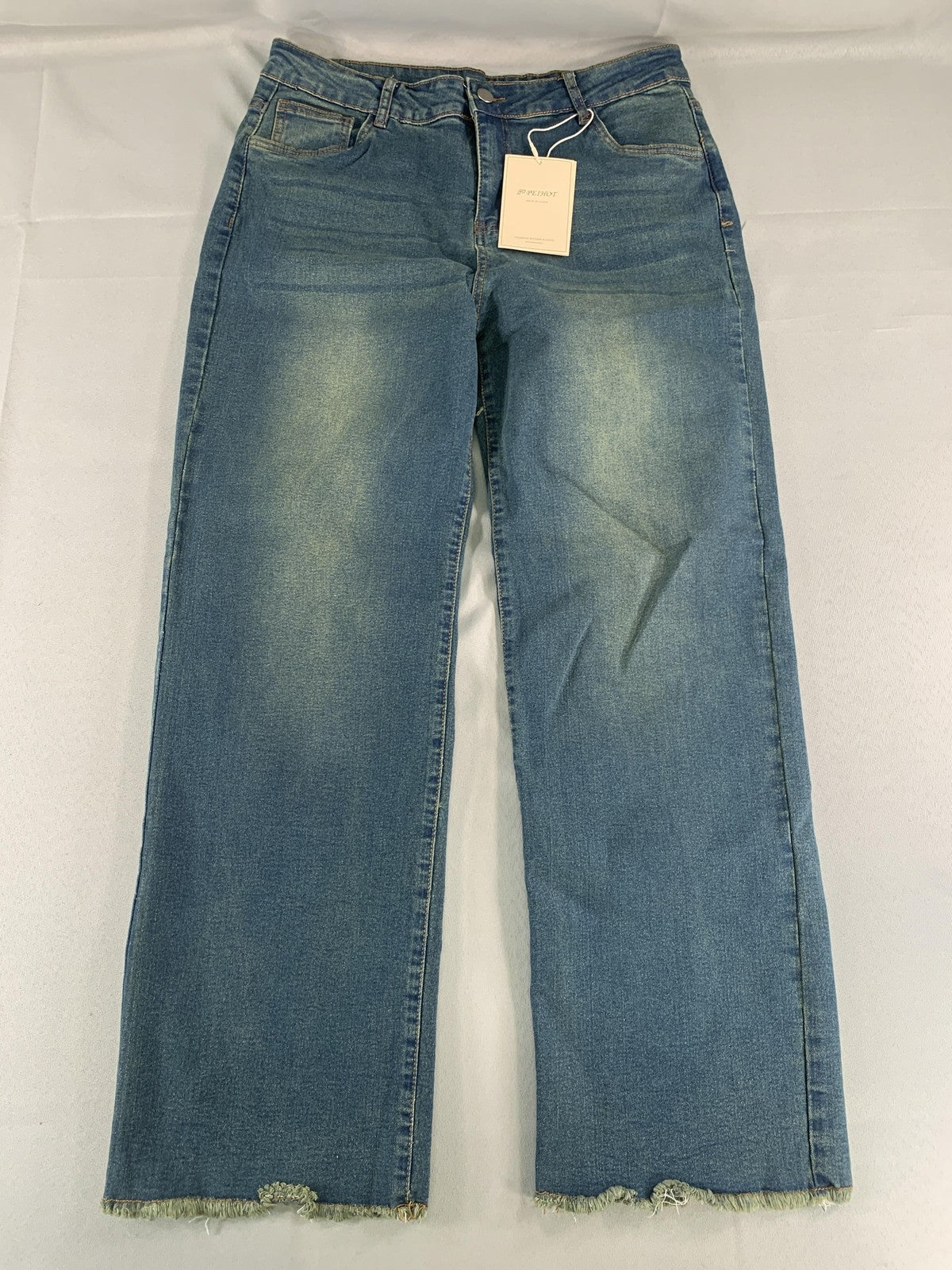 PEIHOT Women XL Straight Leg Jeans High Rise Stretch Frayed Hem Blue Denim NWT