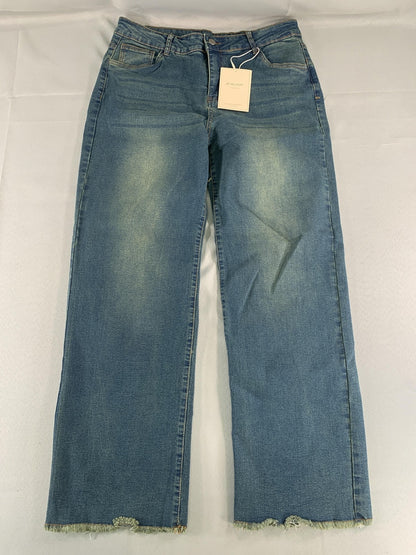 PEIHOT Women XL Straight Leg Jeans High Rise Stretch Frayed Hem Blue Denim NWT
