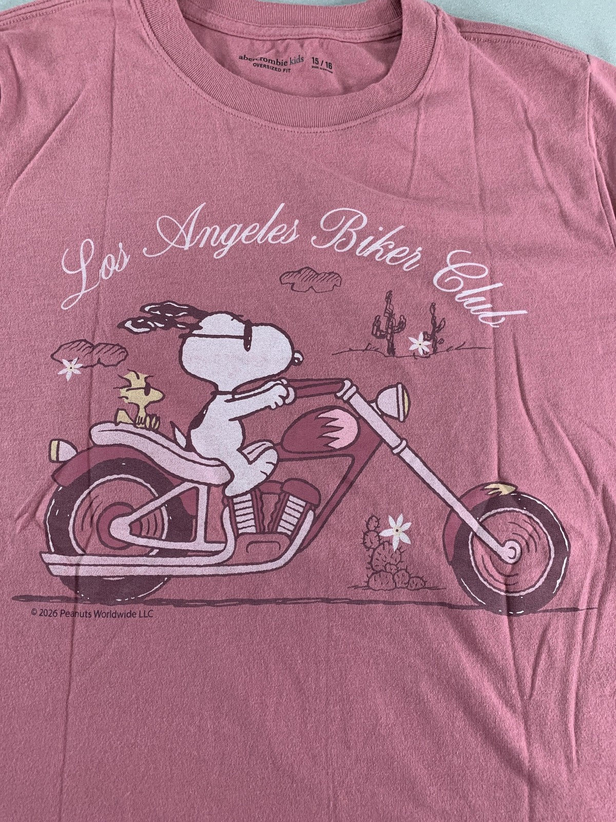 Snoopy Los Angeles Biker Club Shirt Youth 15/16 Pink Abercrombie Kids Graphic on