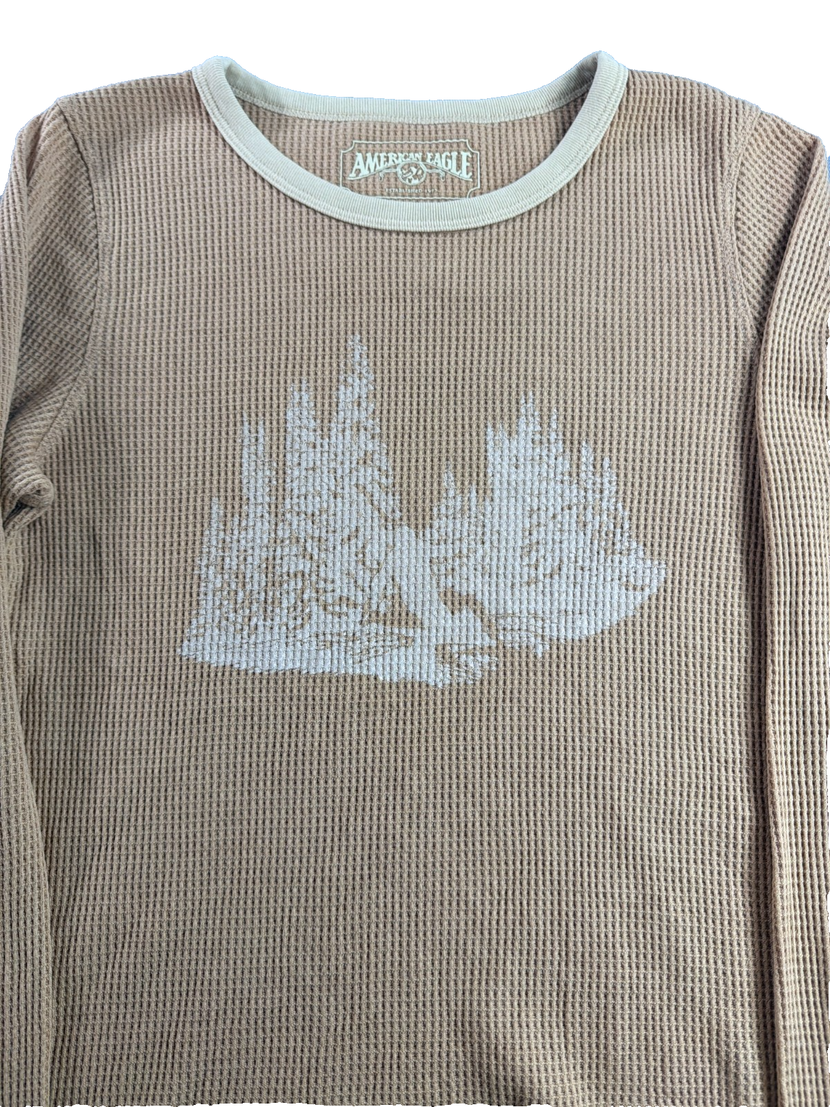 American Eagle Waffle Knit Thermal Shirt Women Small Tan Pine Tree Graphic AEO