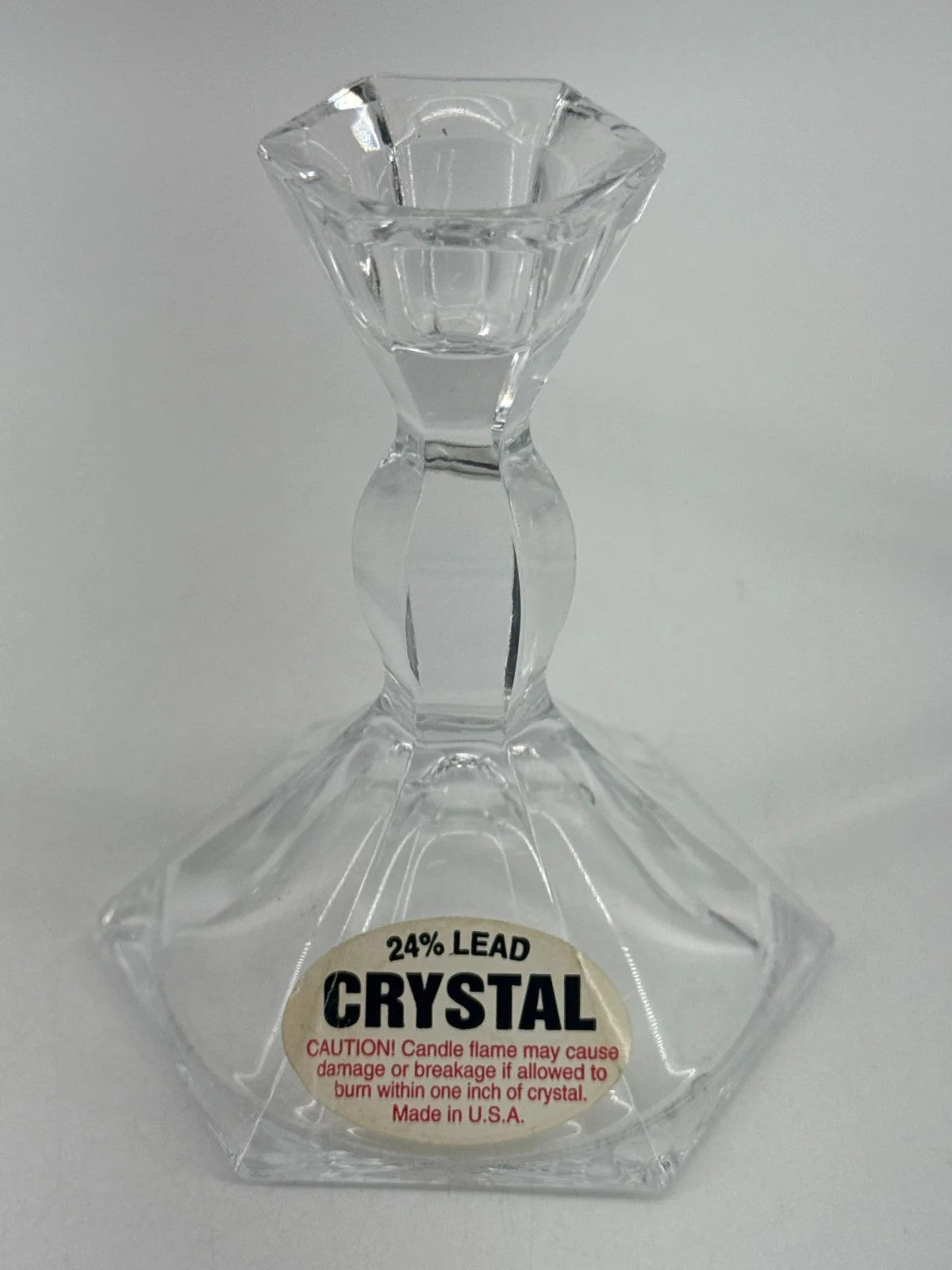 VTG 24% Lead Crystal Candle Holders Pair USA Hex Cut Clear Glass Taper Stick Set
