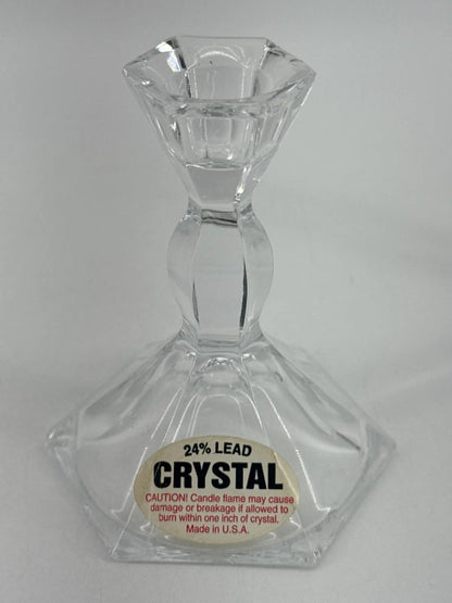 VTG 24% Lead Crystal Candle Holders Pair USA Hex Cut Clear Glass Taper Stick Set