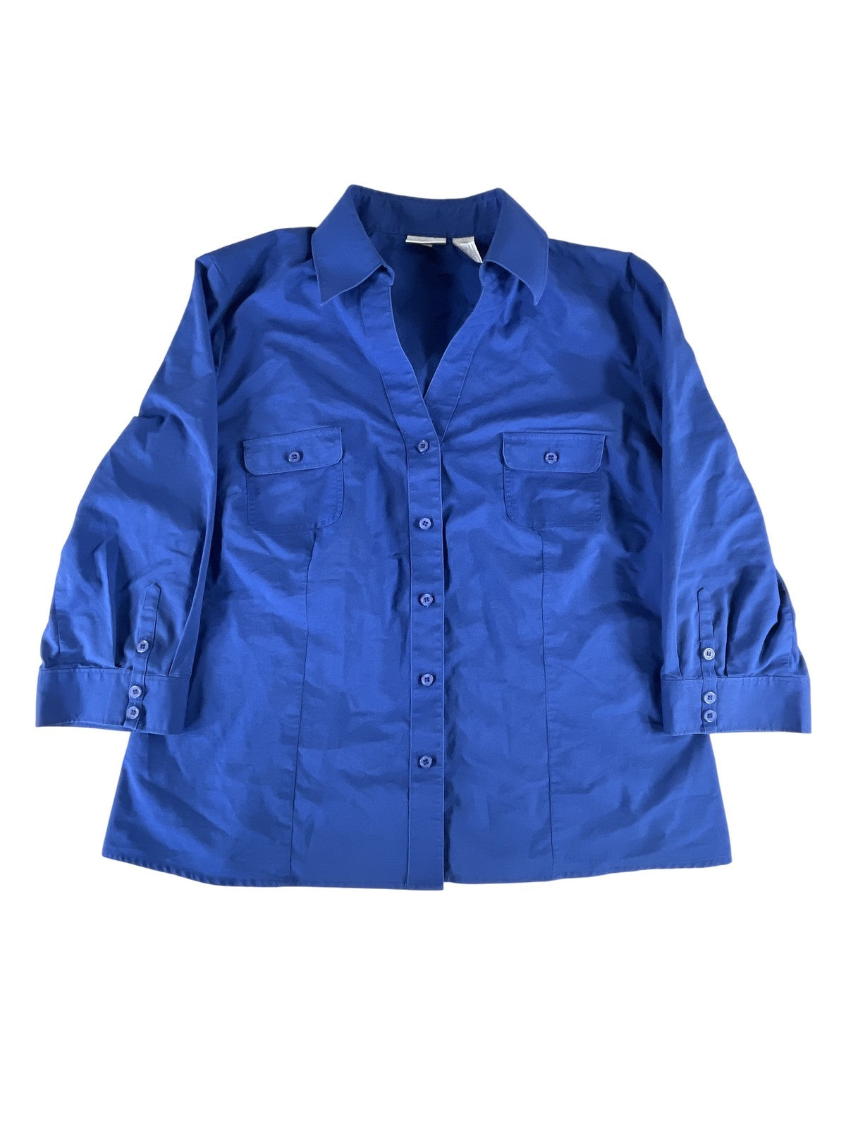 Chicos Jacket Womens 2 Blue Button Up Shirt Blouse 3/4 Sleeve Embroidered Heart