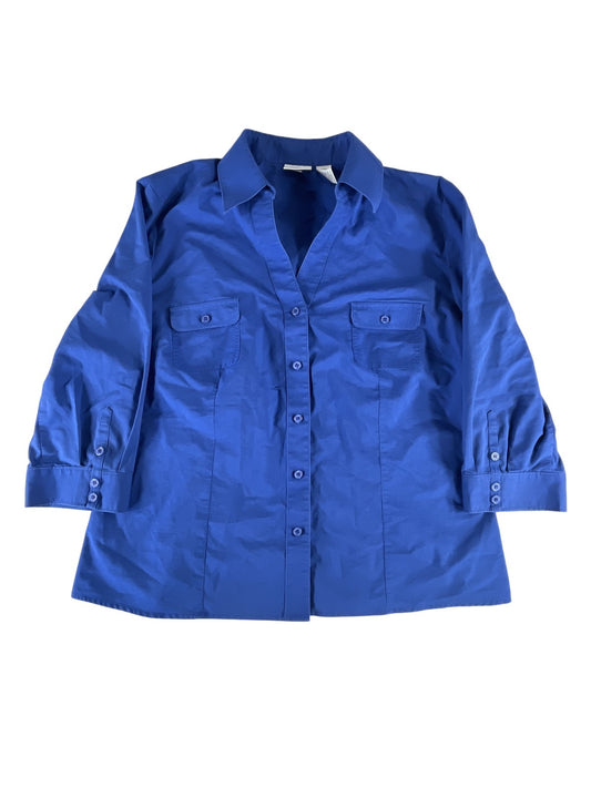 Chicos Jacket Womens 2 Blue Button Up Shirt Blouse 3/4 Sleeve Embroidered Heart