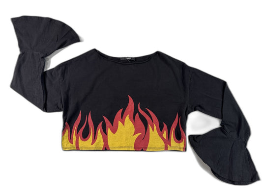 Burning Flame Bell Sleeve Top Black Red Yellow Graphic Off Shoulder