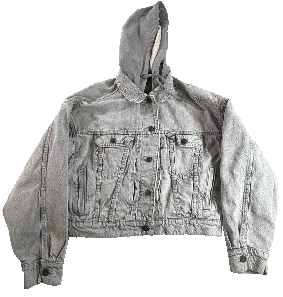 American Eagle Cropped Hooded Denim Jacket Women Small Gray Acid Wash AEO Jean