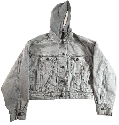 American Eagle Cropped Hooded Denim Jacket Women Small Gray Acid Wash AEO Jean