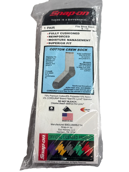 Snap-On White Crew Work Socks USA Made Cushioned Reinforced Size 6-13 NOS