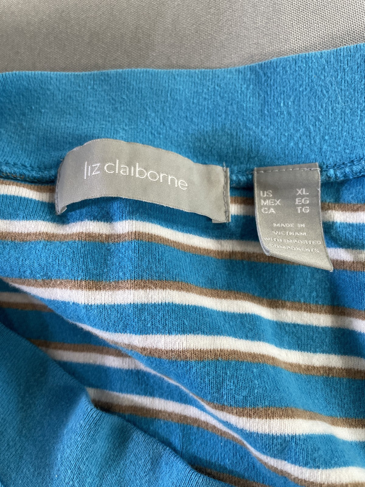 Liz Claiborne Shirt Womens XL Striped V Neck Short Sleeve Casual Top Blouse