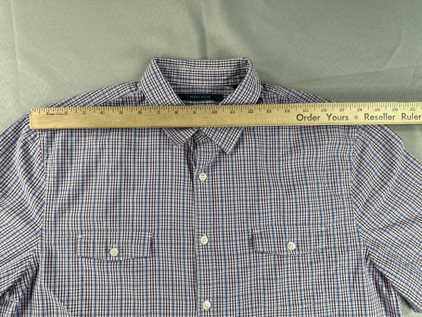 Perry Ellis Button Down Shirt Mens L Blue Checkered Cotton Short Sleeve Slim Fit