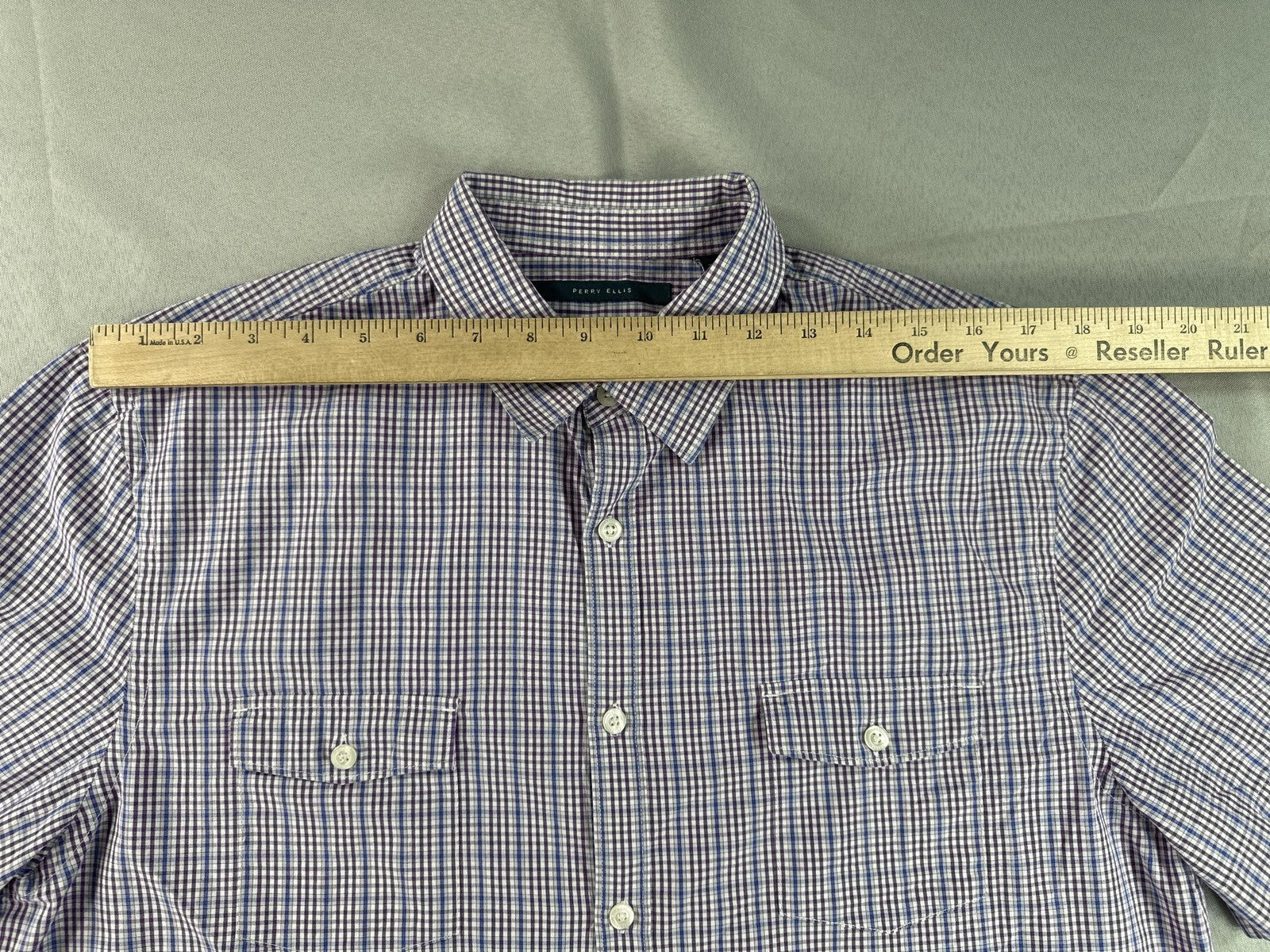 Perry Ellis Button Down Shirt Mens L Blue Checkered Cotton Short Sleeve Slim Fit