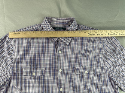 Perry Ellis Button Down Shirt Mens L Blue Checkered Cotton Short Sleeve Slim Fit