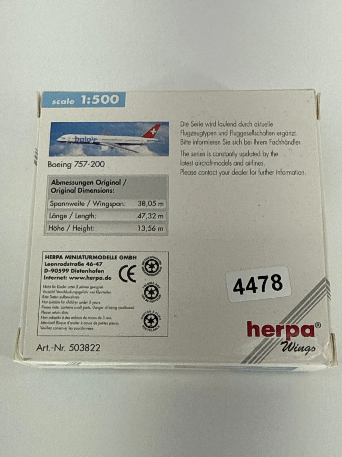 Herpa Wings Balair Boeing 757-200 1:500 Diecast Aircraft Model Airplane 1500 NWT