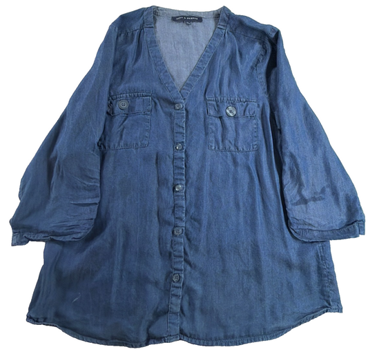 Alex & Parker Chambray Lyocell Button Down Tunic Top Blouse V-Neck Pockets M