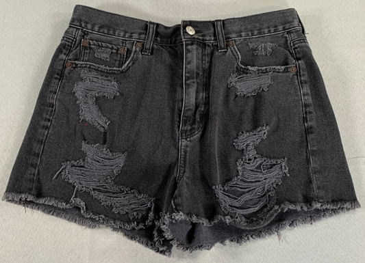 American Eagle Mom Shorts Black Distressed Denim High Rise Frayed Hem Sz 6 119