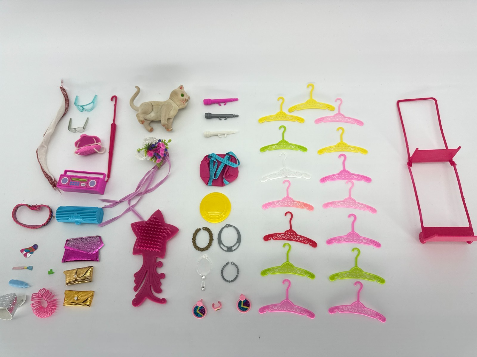 Barbie Doll Accessories Lot 60pc Hangers Purses Jewelry Cat Boombox Mirror 80s+