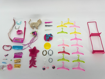 Barbie Doll Accessories Lot 60pc Hangers Purses Jewelry Cat Boombox Mirror 80s+