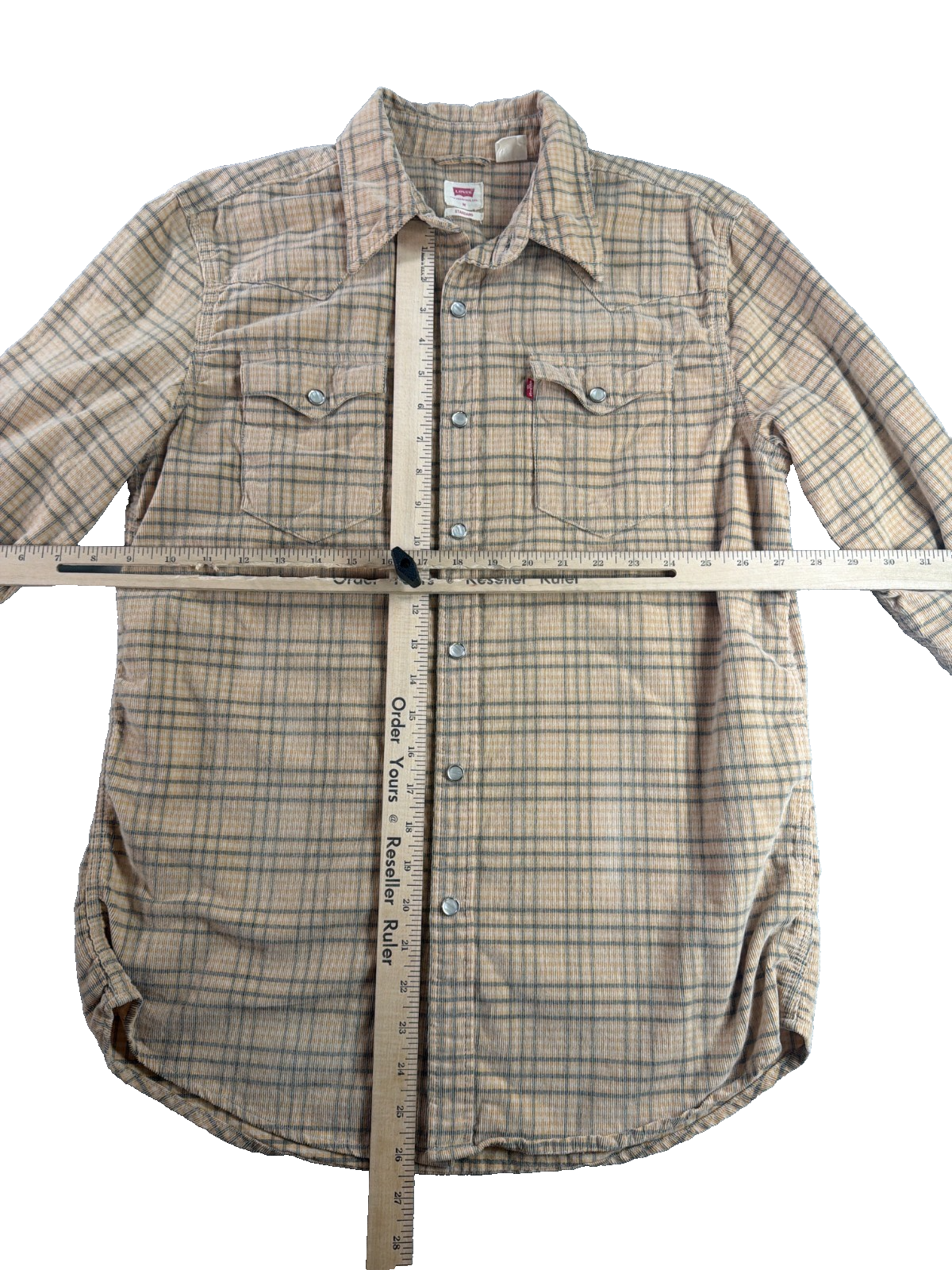 Levi's Classic Western Shirt Men Medium Tan Plaid Pearl Snap Standard Fit Rodeo