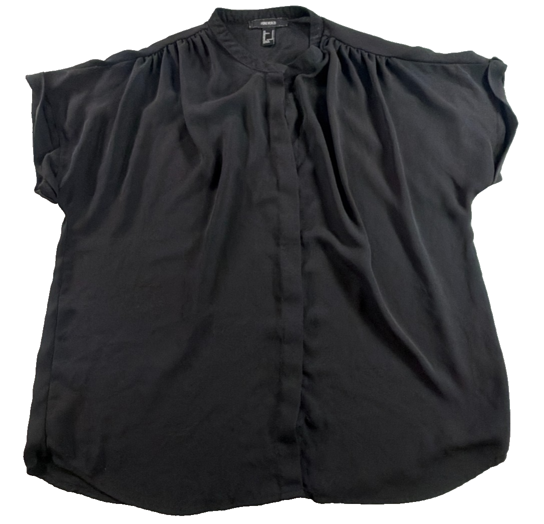 Forever 21 Black Chiffon Blouse Women Small Gathered Neck Short Sleeve Flowy Top