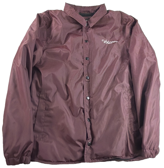 Volcom Coach Jacket Women Medium Maroon Script Logo Snap Windbreaker Water Resis