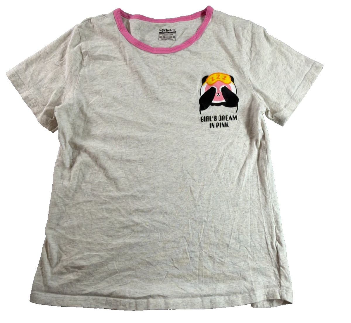 Girls Panda Graphic T Shirt Cychelry Size 14 Pink Trim Cotton Short Sleeve NWT