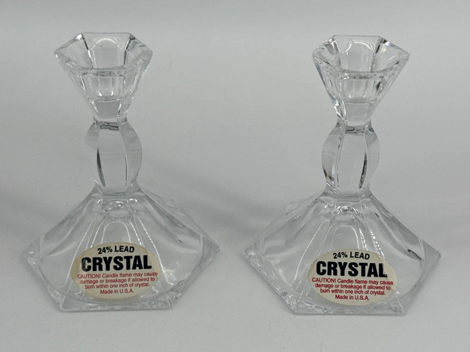 VTG 24% Lead Crystal Candle Holders Pair USA Hex Cut Clear Glass Taper Stick Set