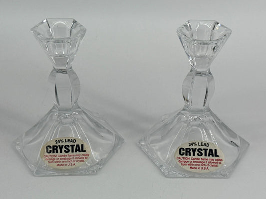 VTG 24% Lead Crystal Candle Holders Pair USA Hex Cut Clear Glass Taper Stick Set