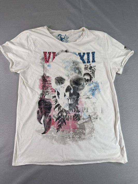 Unbranded Skull Graphic Tee Vintage All Over Print XL White Cotton Short Sleeve