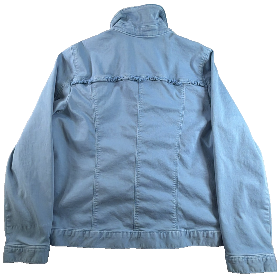 Chico's Womens Denim Jacket Sz 2 L Powder Blue Stretch Frayed Trucker Jean Coat